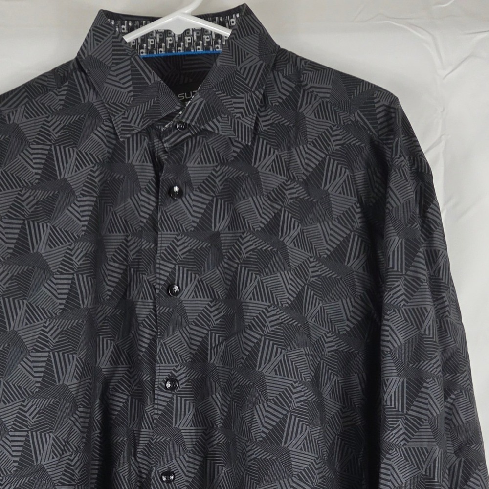 Masutto Mens XL Geometric Optical Illusion Print Cotton Button Down Shirt Black